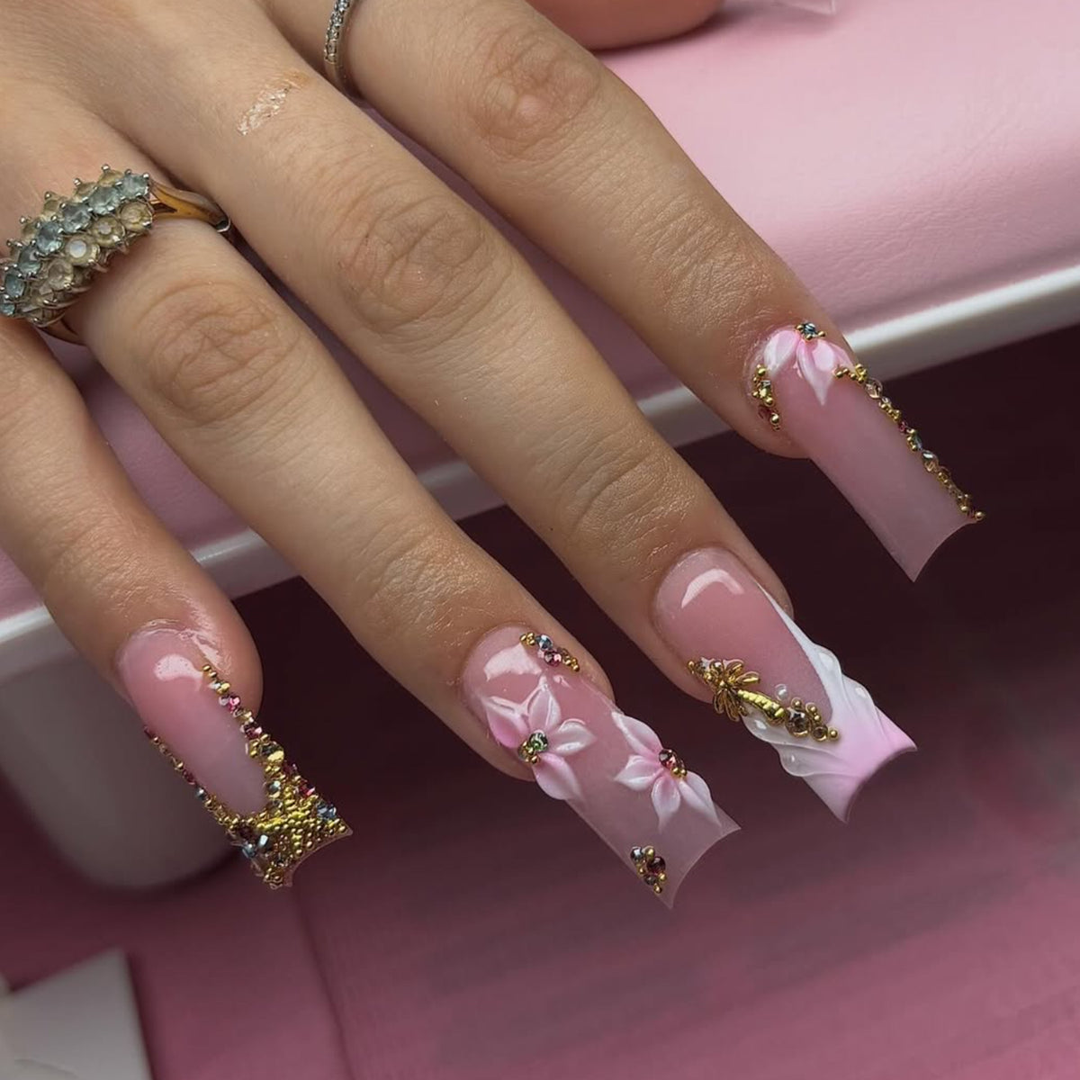 Glamorous Floral Long Square Pink with Elegant Rhinestone Accents