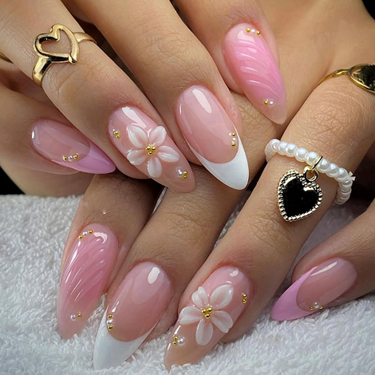 Chic Floral Fantasy Medium Almond Pink Press On Nail Set with Elegant Gold Accents