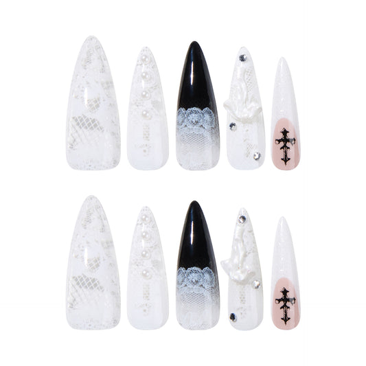 Mystical Elegance Long Stiletto White and Black Lace Nail Set with Gems