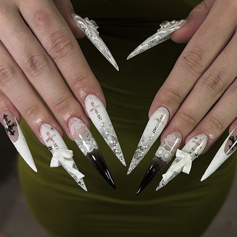 Gothic Elegance Long Stiletto White and Black Press On Nail Set with Intricate Lace Details