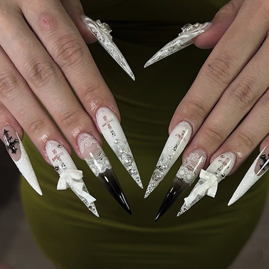 Gothic Elegance Long Stiletto White and Black Press On Nail Set with Intricate Lace Details
