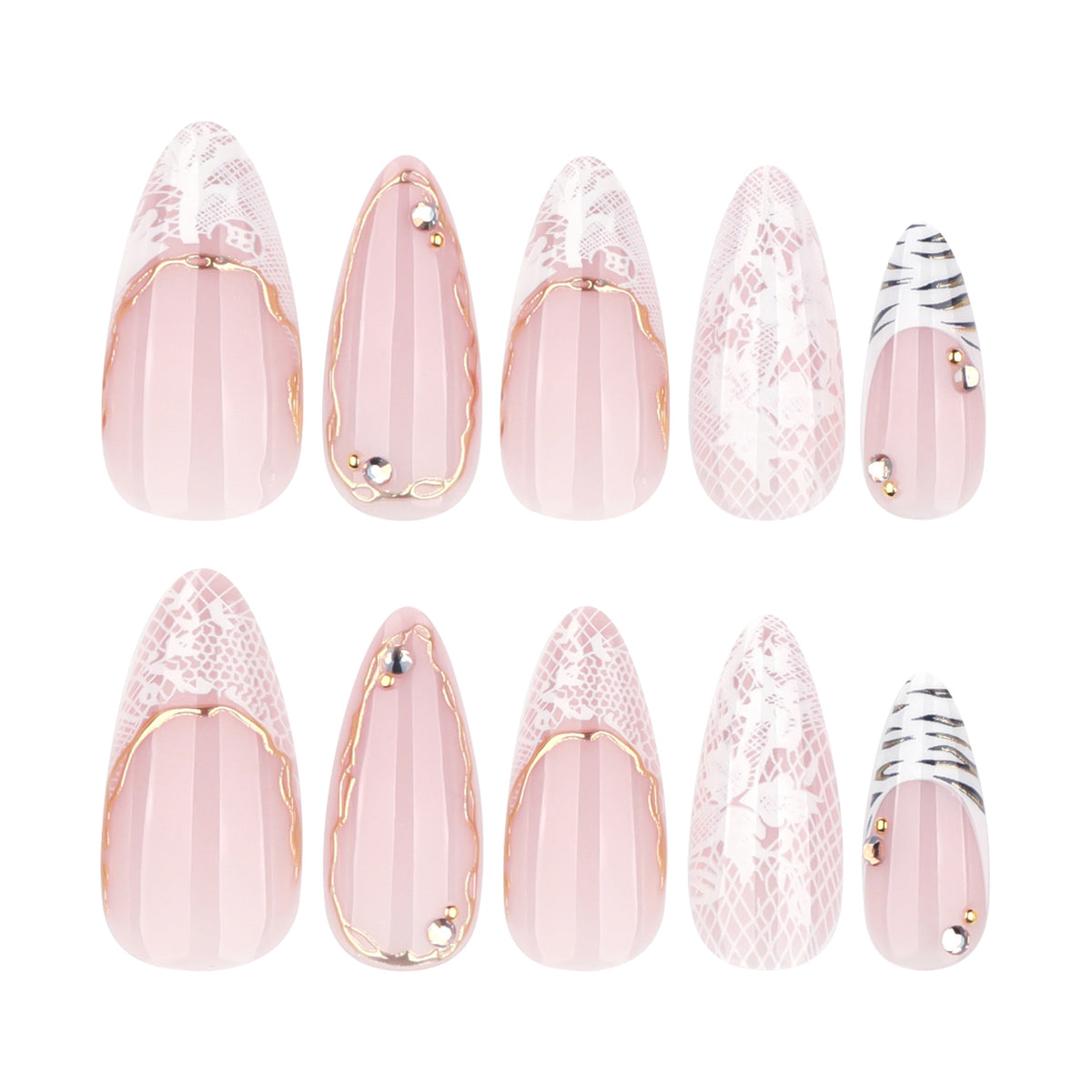 Elegant Lace Design Medium Almond Pink Press On Nail Set with Glitter Accents