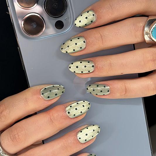Elegant Garden Short Round Sage Green with Polka Dot Texture Press On Nail Set