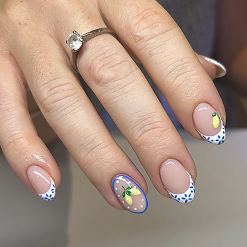 Sunny Lemonade Vibe Short Round Blue Floral Tip Press On Nail Set