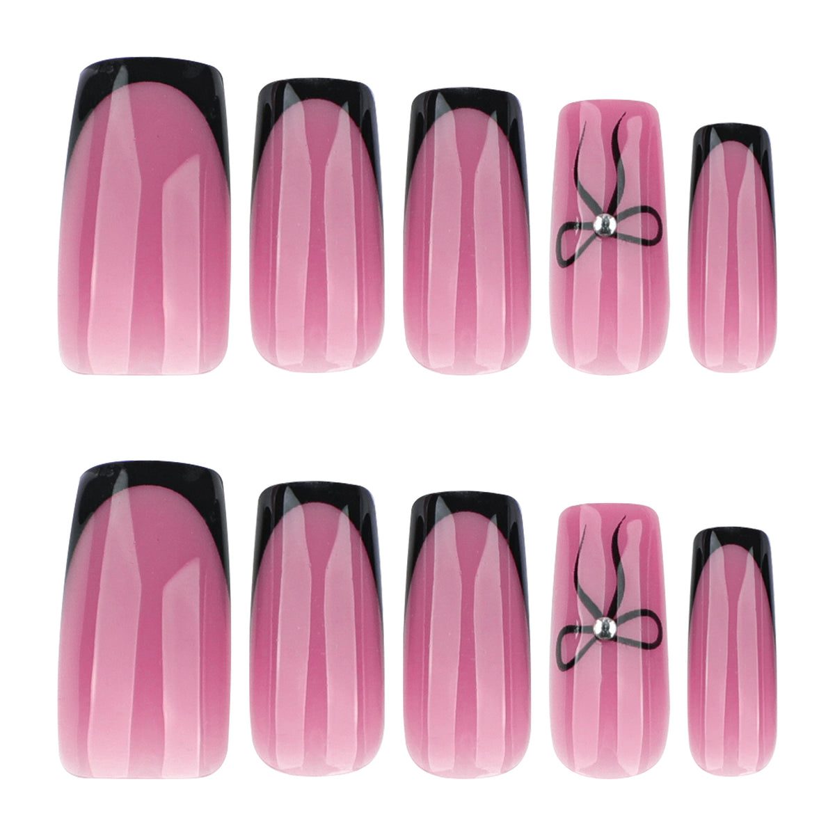 Elegant Charm Long Square Pink Nails with Black Tips and Decorative Bow