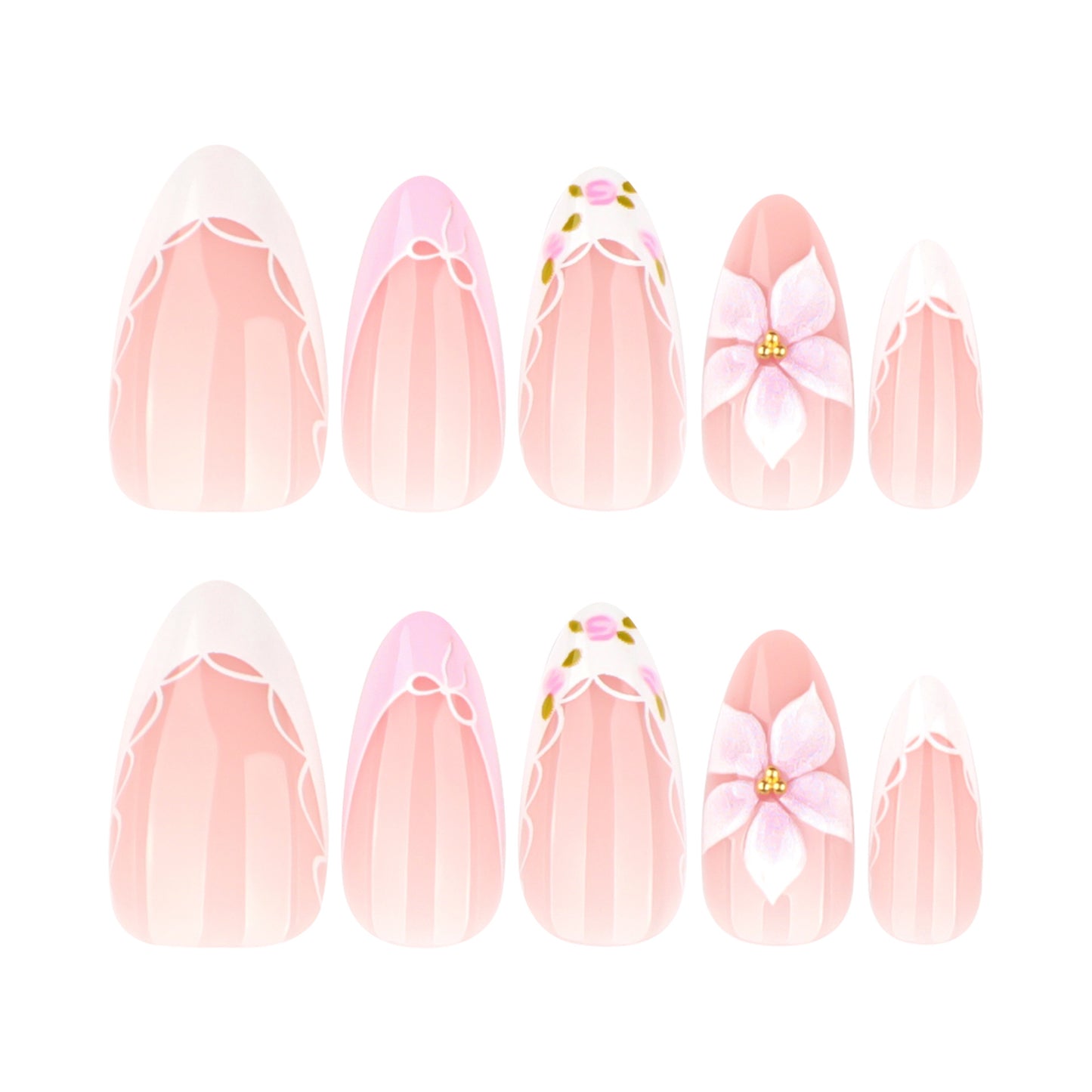 Blossom Elegance Medium Almond Pink Floral Design Press On Nail Set