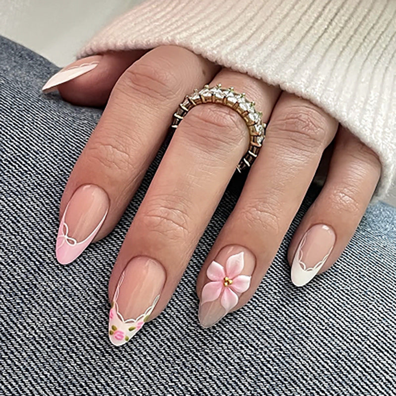 Charming Floral Fantasy Long Almond Pink Design Press On Nail Set