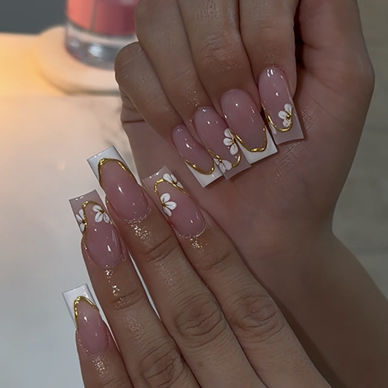 Chic Floral Long Square Pink Press On Nail Set with Gold Accents