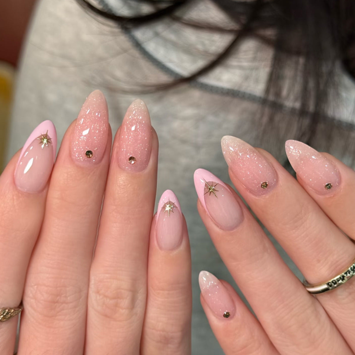 Celestial Dream Medium Almond Pink Nail Set with Sparkling Accent Decorations