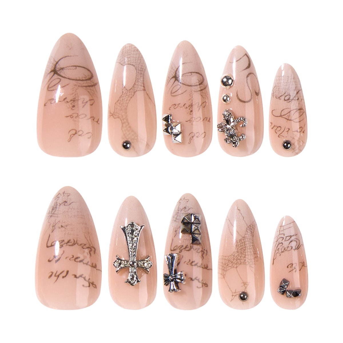 Vintage Elegance Medium Almond Beige Nails with Unique Metallic Accents