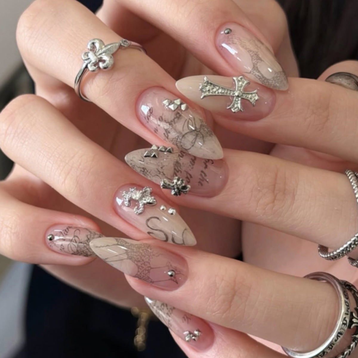 Bohemian Chic Medium Almond Transparent with Artistic Silver Accents Press On Nail Set
