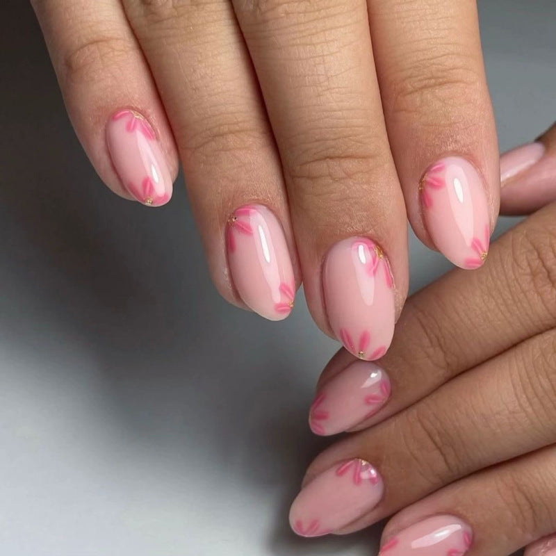 Blooming Elegance Short Oval Pink with Floral Tips Press On Nail Set