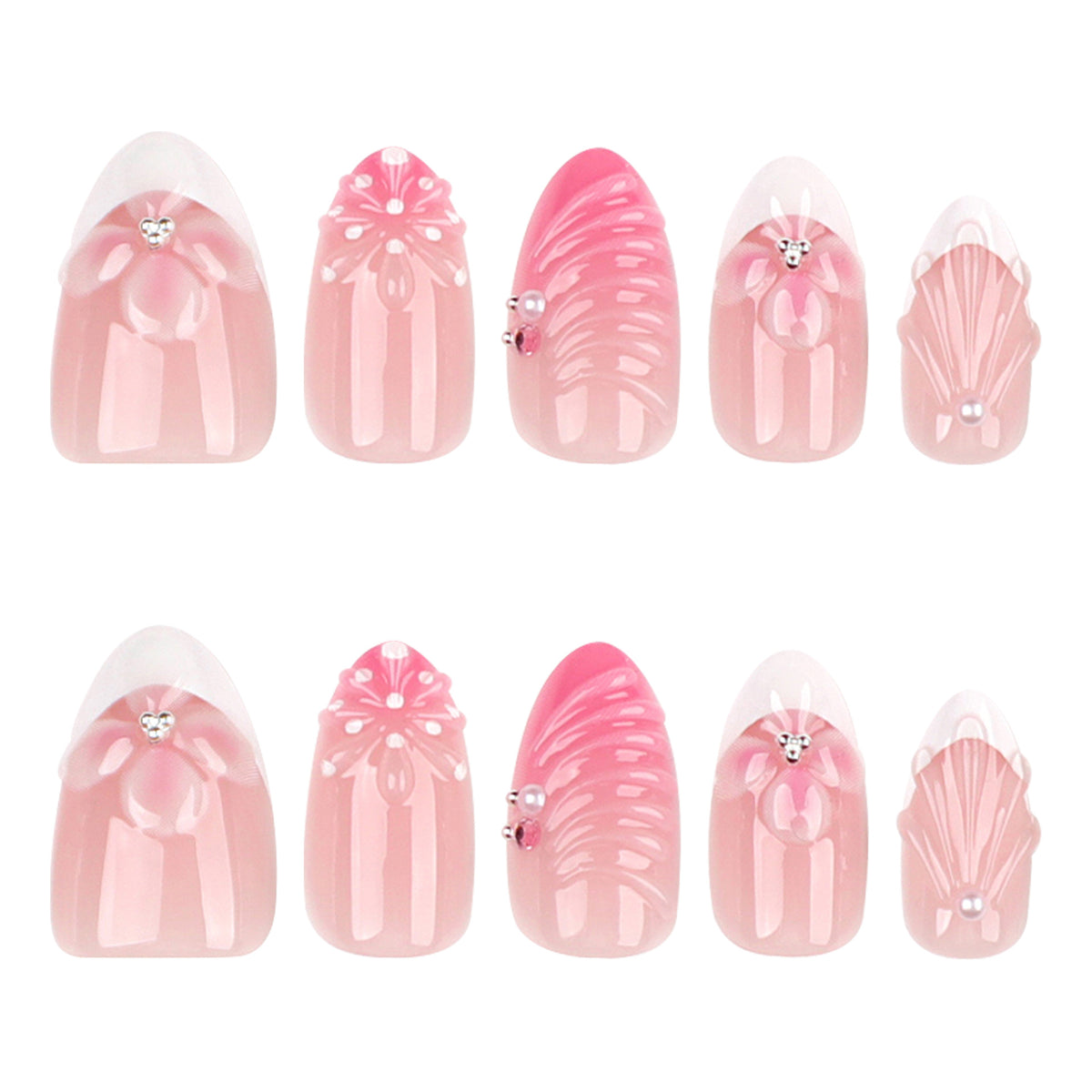 Charming Floral Medium Almond Pink Nail Set with Rhinestone Accents