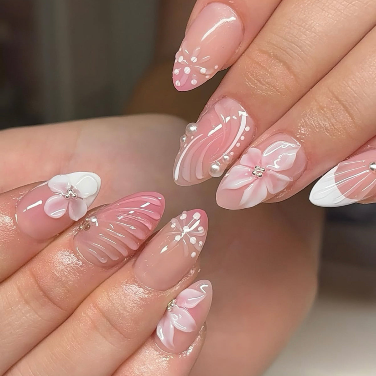 Blossom Dreams Medium Almond Pink Nails with Floral Accents