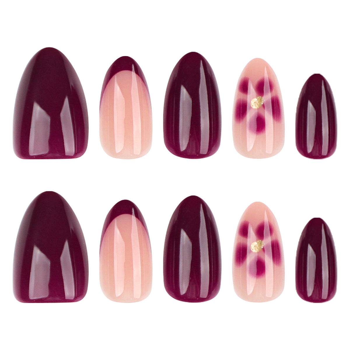 Elegant Orchid Medium Almond Deep Purple with Floral Accent Nail Set