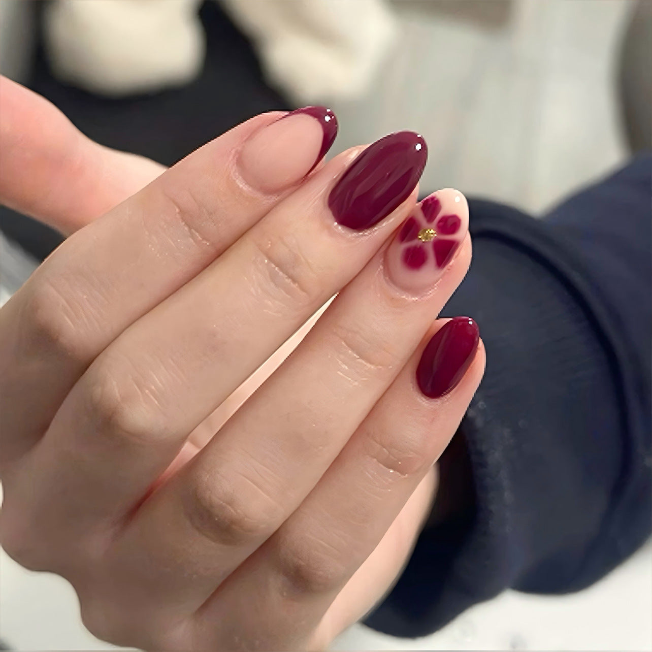 Enchanted Elegance Medium Almond Burgundy with Floral Detail Press on Nail Set