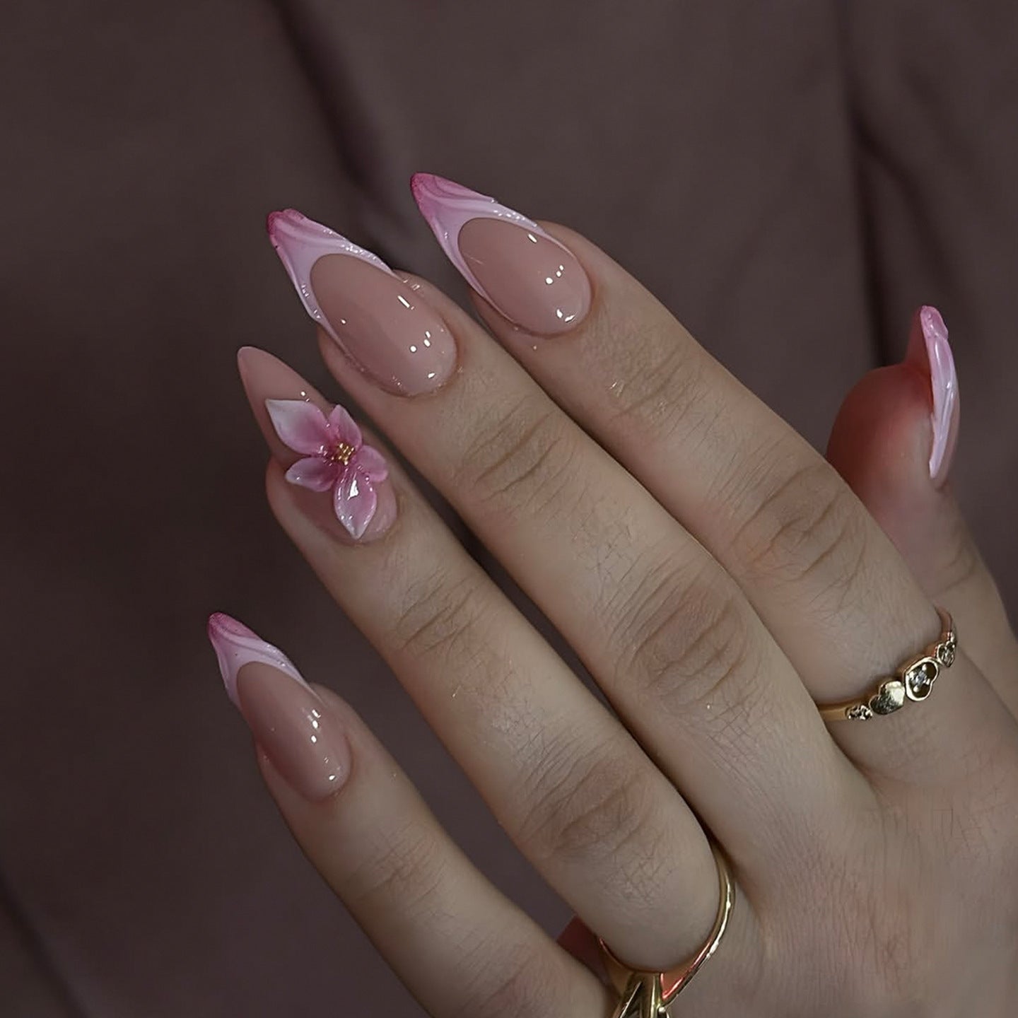 Charming Floral Fantasy Medium Stiletto Pink Press On Nail Set with Unique Blossom Accent