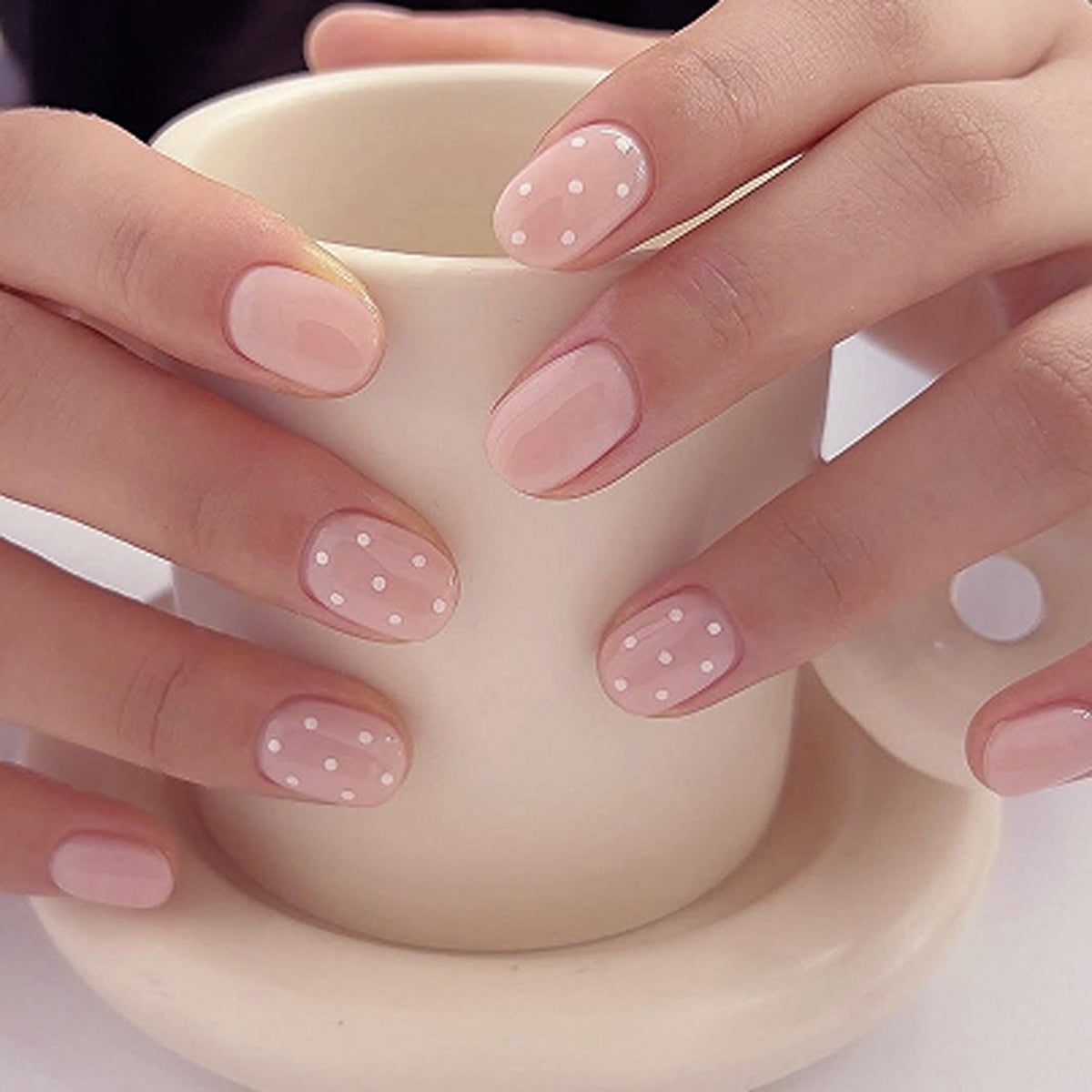 Chic Pastel Elegance Short Oval Soft Pink with Charming Polka Dots Press on Nail Set
