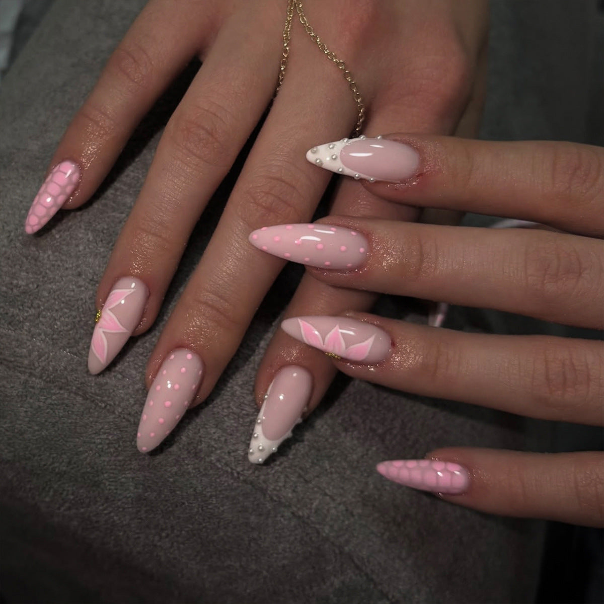 Whimsical Pink Medium Almond Press on Nail Set with Unique Floral and Dot Design