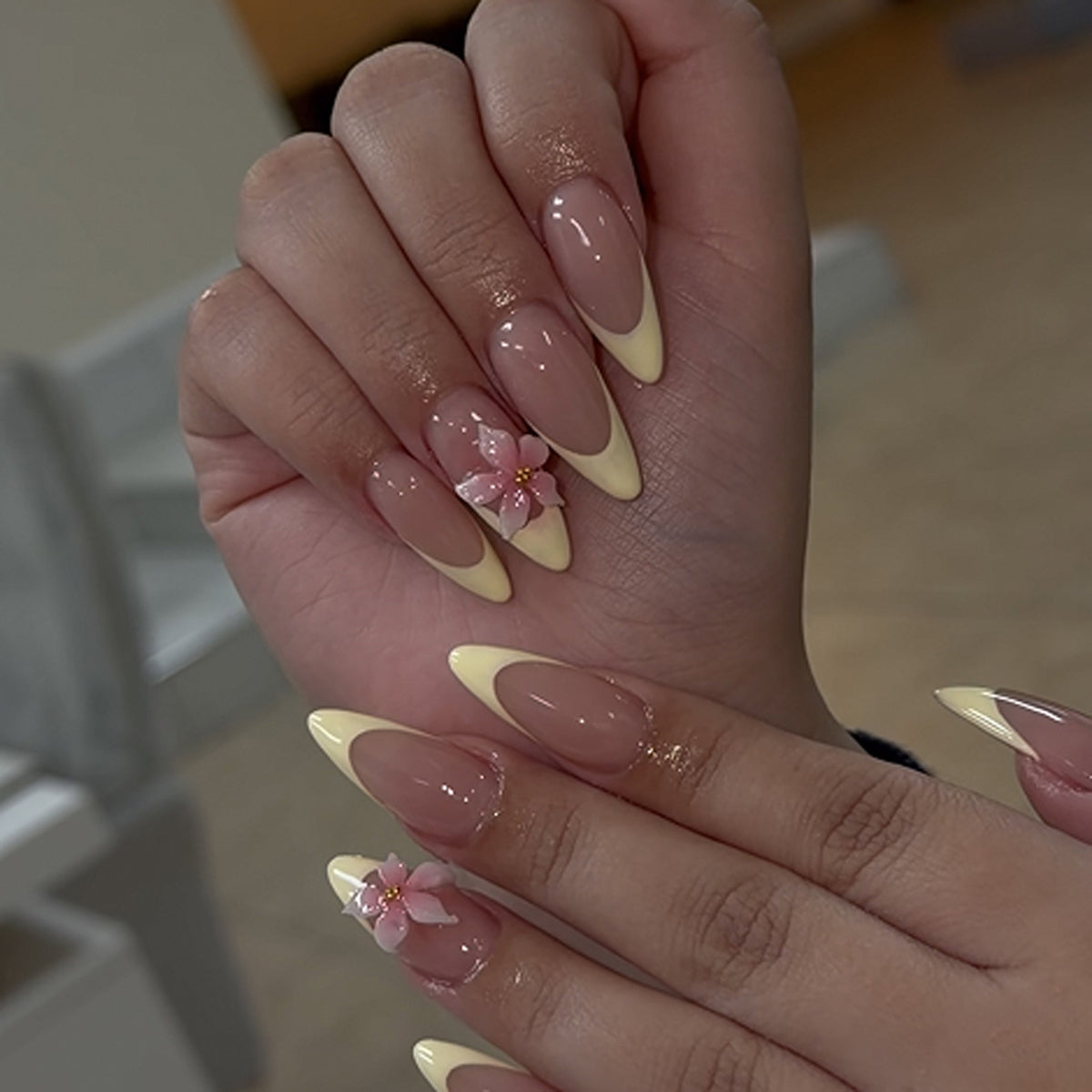 Blossom Elegance Medium Almond Beige and Yellow with Floral Accent Press on Nail Set
