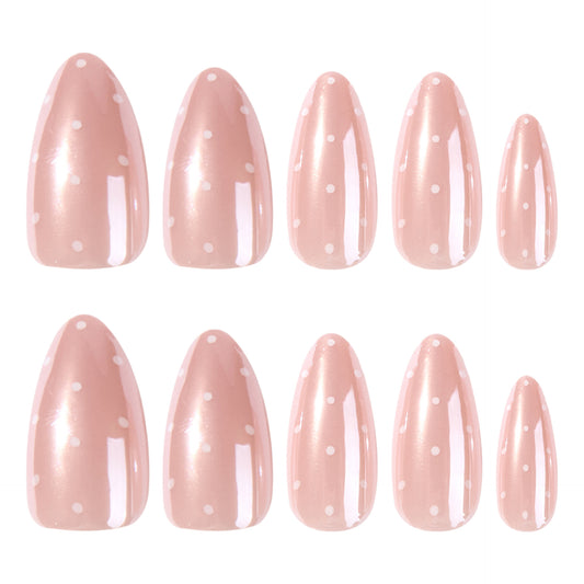 Charming Polka Dot Medium Almond Beige Press On Nail Set
