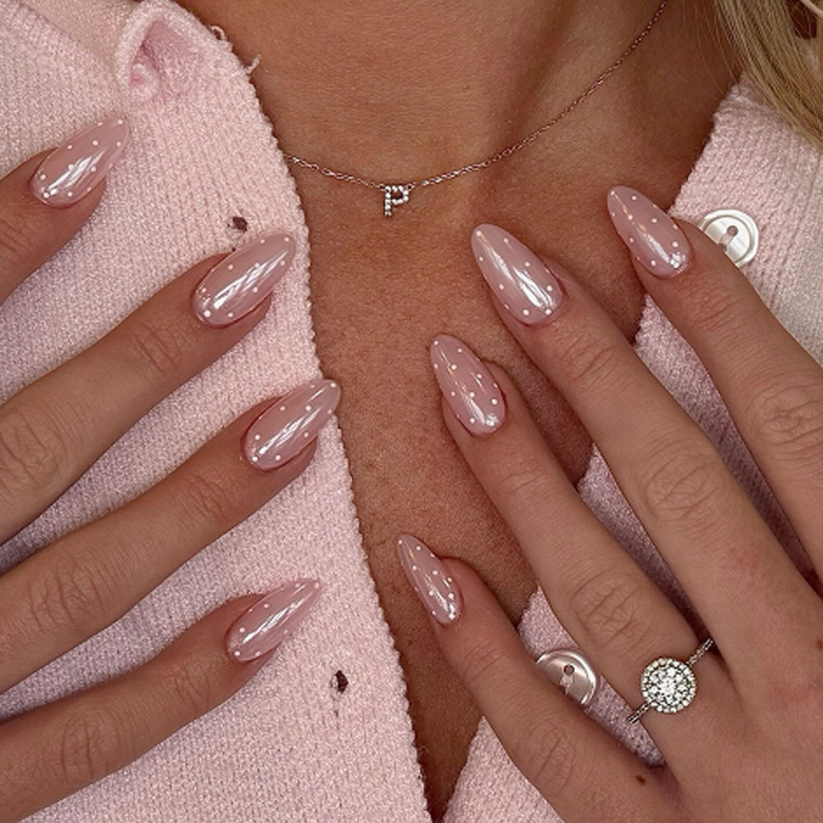 Elegant Glamour Medium Almond Blush Pink Glossy Finish Press On Nail Set
