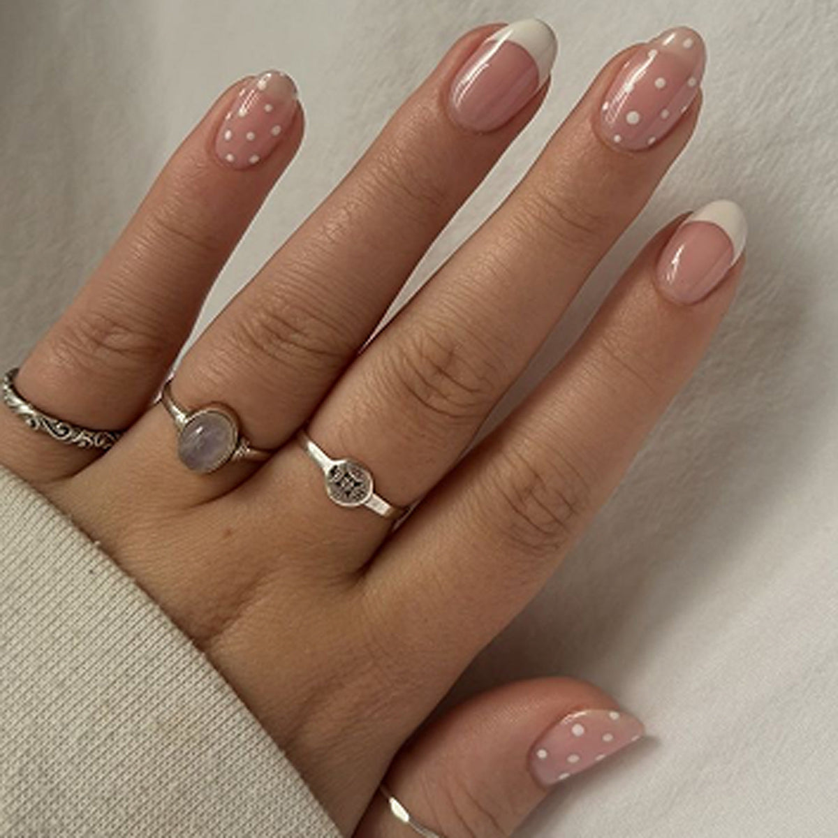 Charming Vintage Inspired Short Round Pink Press On Nail Set with Whimsical Polka Dots