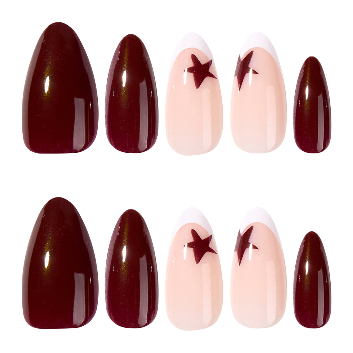 Enchanting Glamour Medium Almond Deep Burgundy with Star Accent Press On Nail Set
