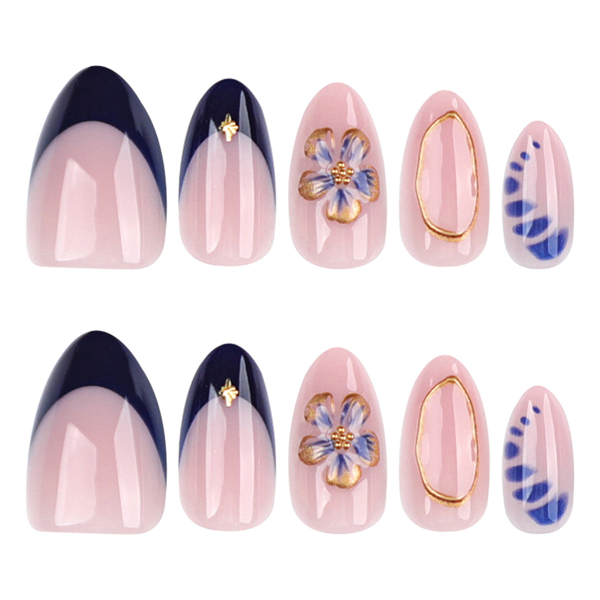 Elegant Ocean Theme Medium Almond Pink with Floral and Gold Accent Press On Nail Set