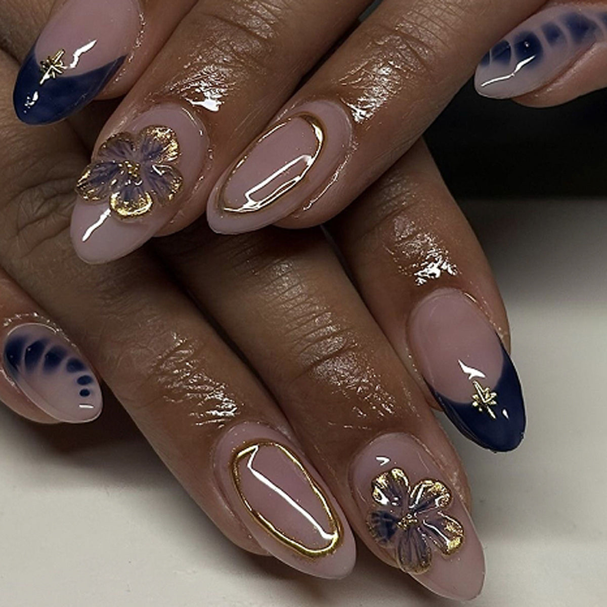 Bohemian Blossom Medium Almond Navy and Gold Floral Press-On Nail Set