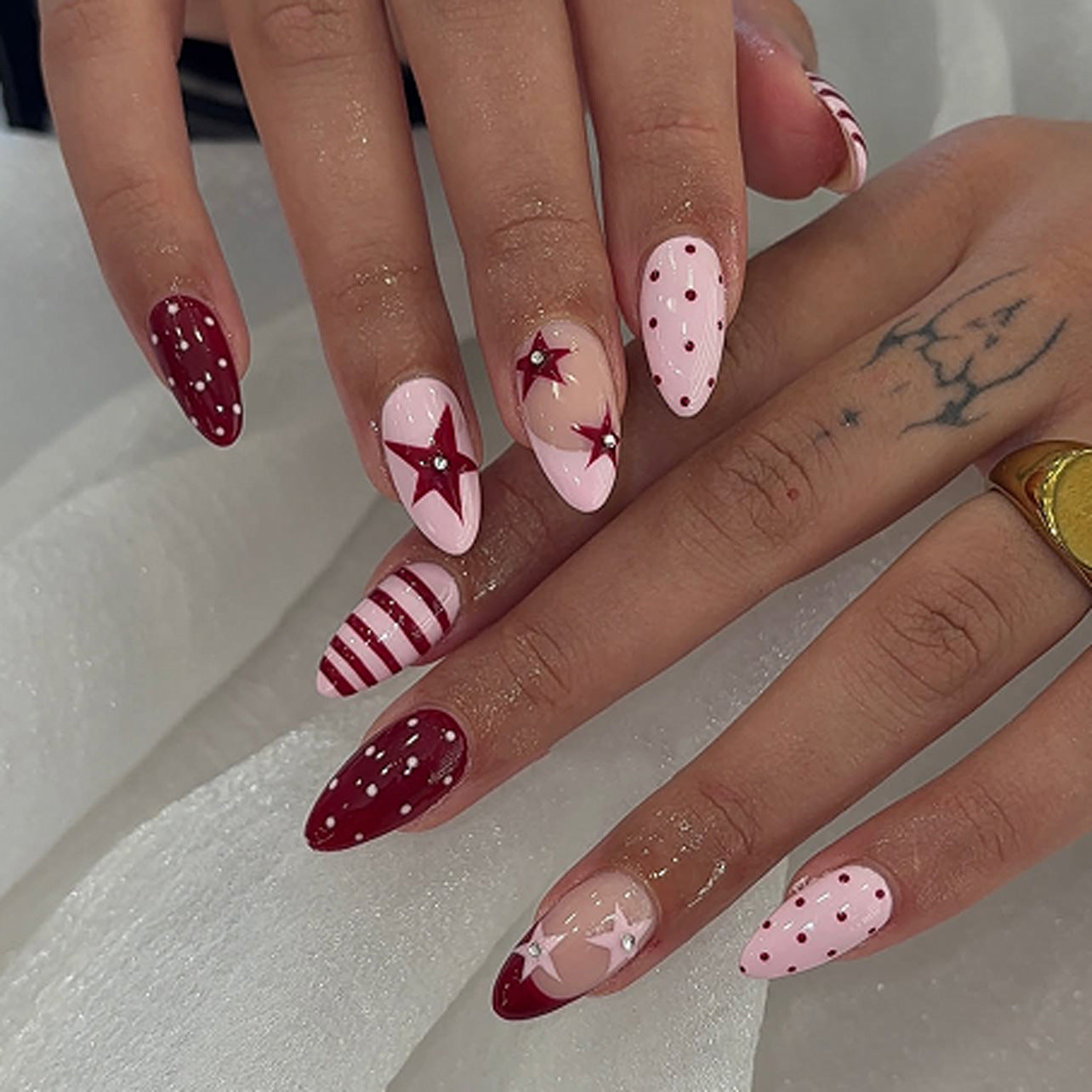 Starry Night Medium Almond Burgundy and Pink with Shimmering Accents Press on Nail Set