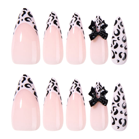 Chic Animal Print Long Stiletto Pink Press On Nail Set with Unique Black Bow Decoration