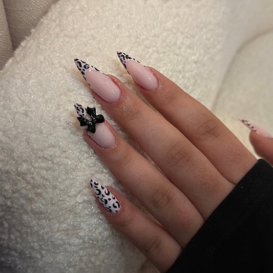 Wild Safari Long Stiletto Pink with Leopard Print Design and Bow Accent Press on Nail Set
