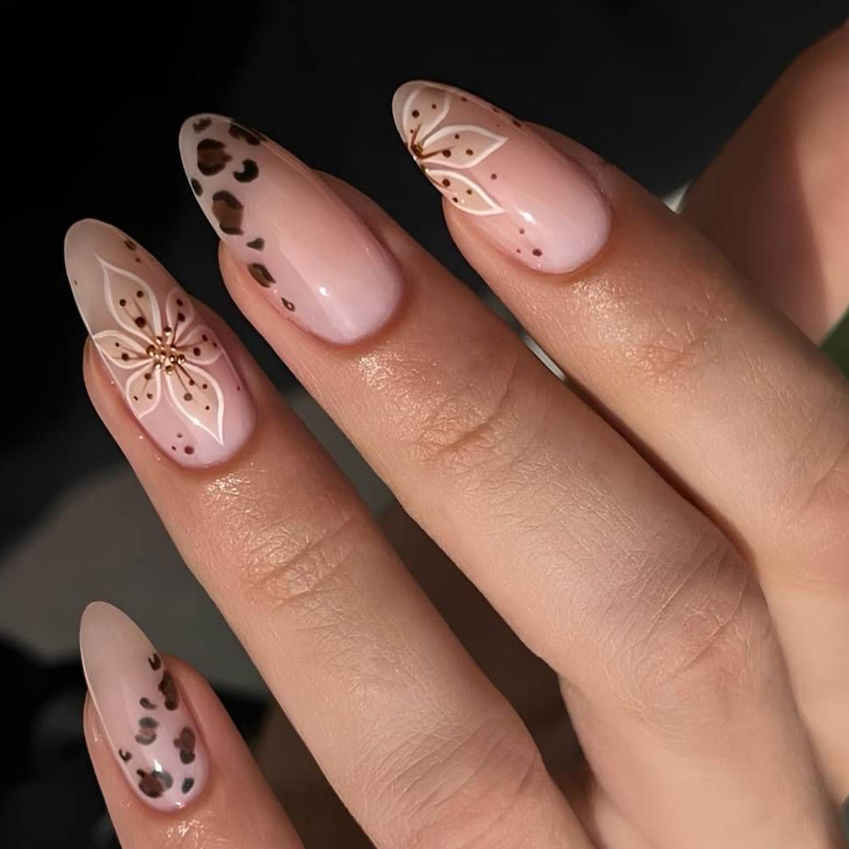 Elegant Floral Fantasy Medium Almond Natural Pink with Stunning Gold Accents Press On Nail Set