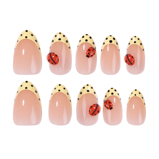 Ladybug Garden Short Round Beige with Yellow Polka Dot Tips and Fun Ladybug Accent Press On Nail Set