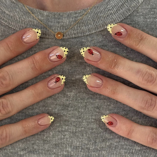 Ladybug Delight Short Oval Yellow with Black Dots and Ladybug Accents Press On Nail Set
