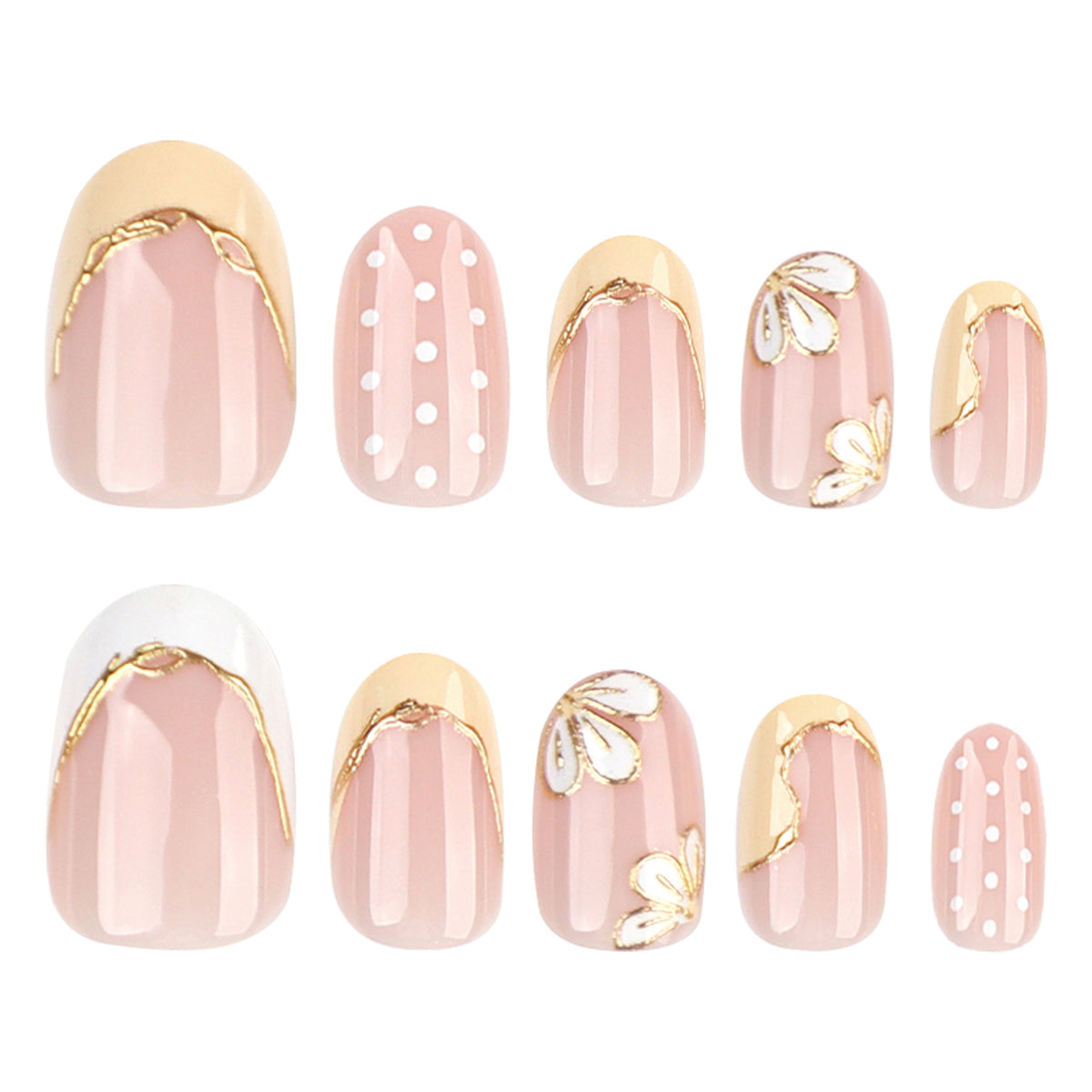 Blossom Delight Short Oval Pink with Gold Leaf Accents Press On Nail Set