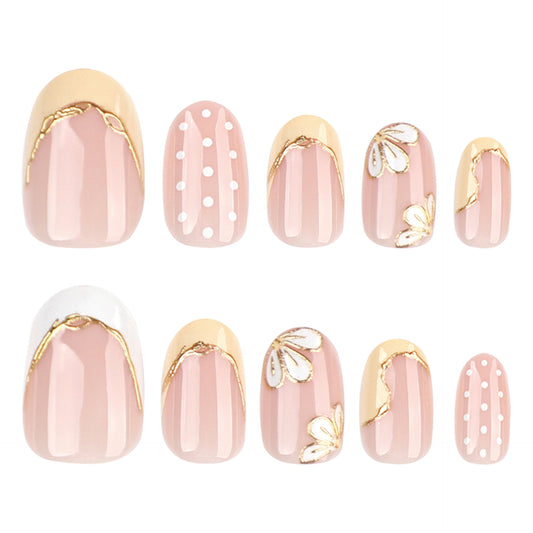 Blossom Delight Short Oval Pink with Gold Leaf Accents Press On Nail Set