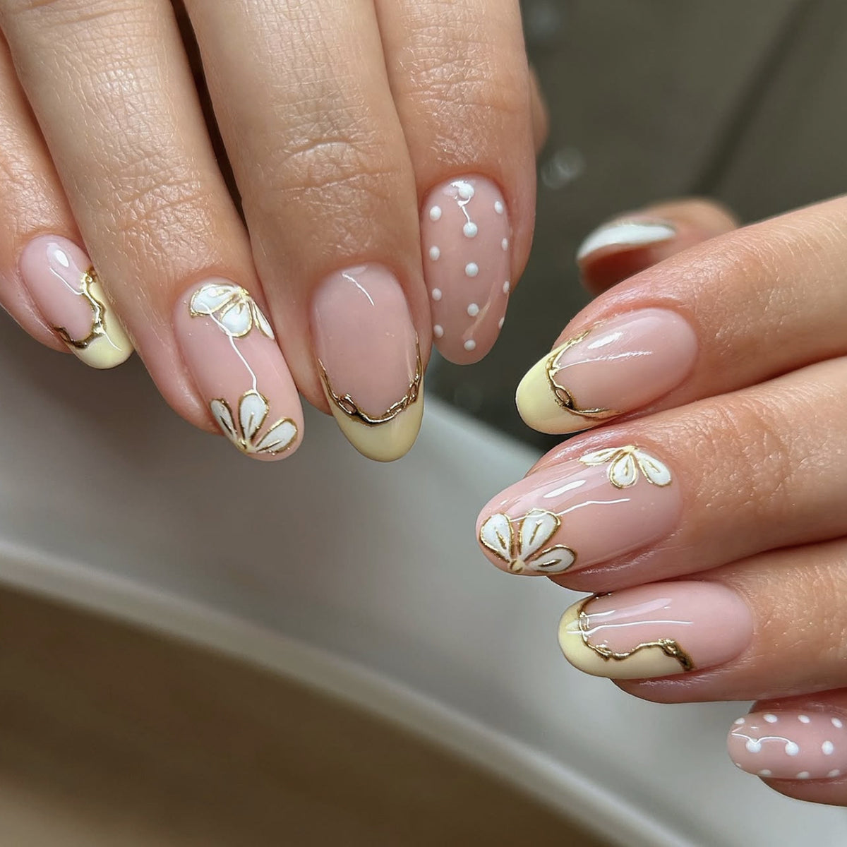 Whimsical Blossom Short Oval Soft Pink Design with Gold Accents Press On Nail Set