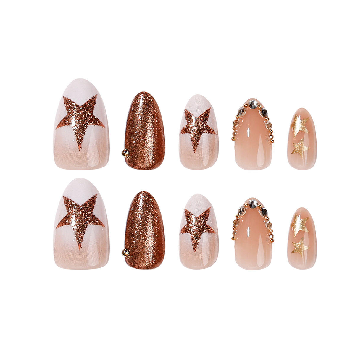 Celestial Glam Medium Almond Rose Gold Glitter Press On Nail Set with Star Accents