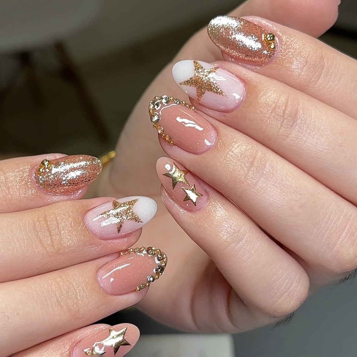 Celestial Glam Medium Almond Rose Gold Glitter Press On Nail Set