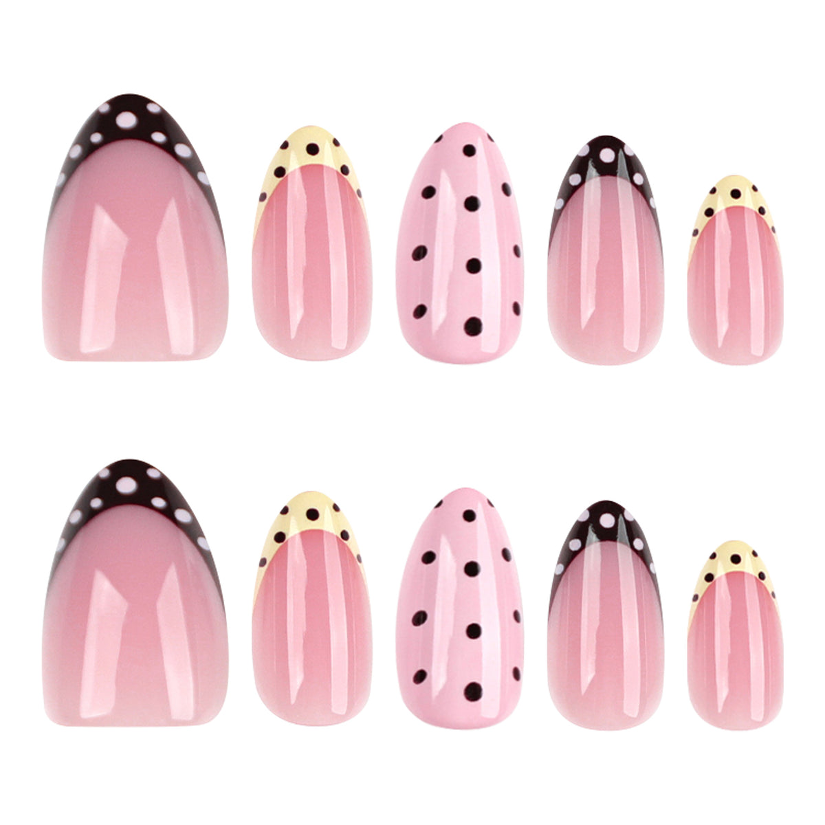 Chic Polka Dot Medium Almond Pink Nail Set with Unique Color Block Design