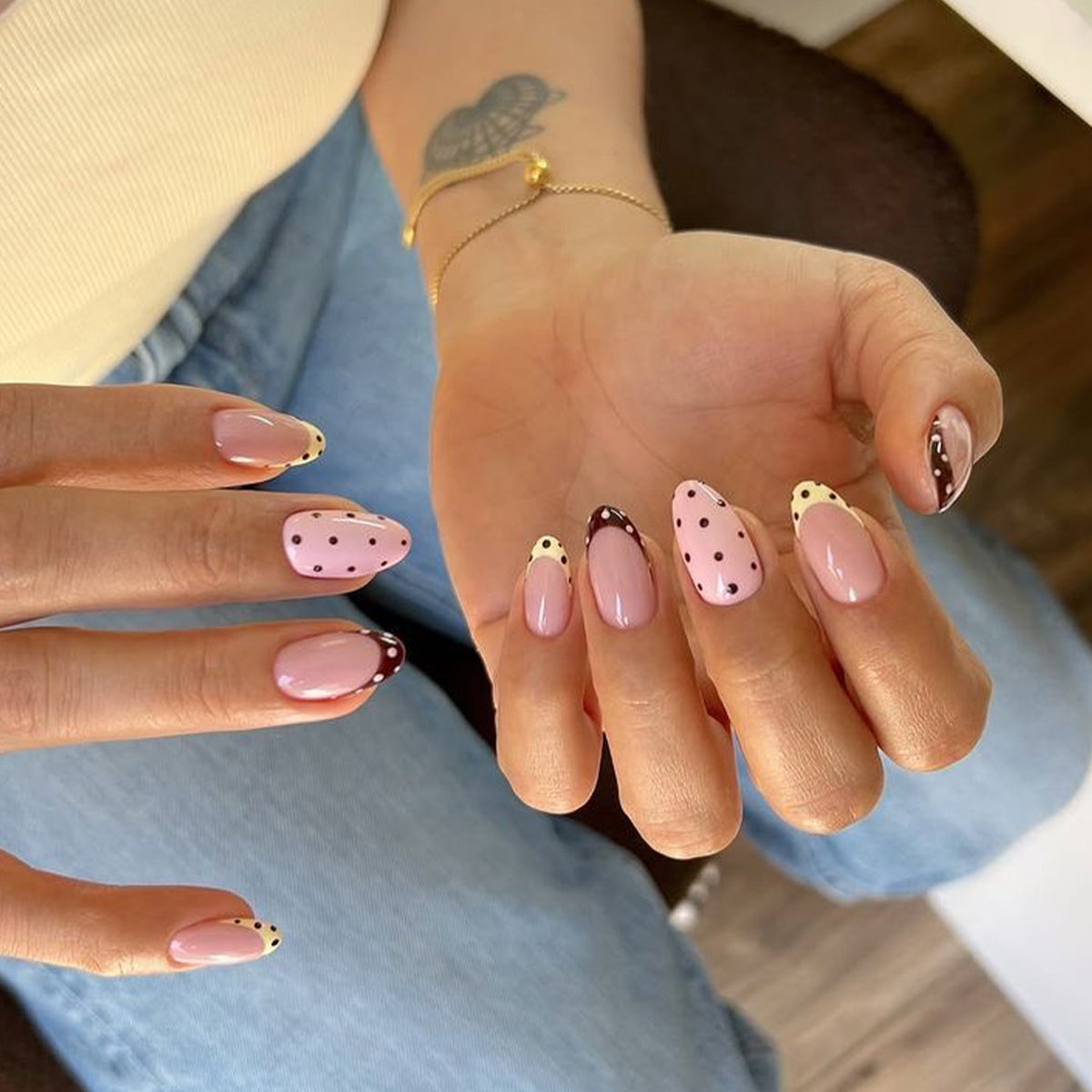Sweet Treats Medium Almond Pink and Brown Polka Dot Press On Nail Set