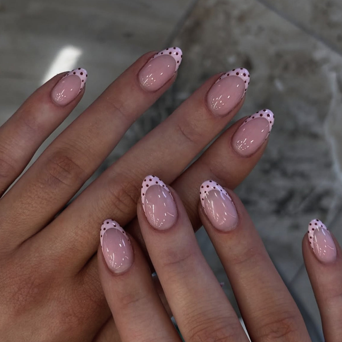 Chic Polka Dot Glam Medium Almond Pink Nail Set with Unique Design Feature