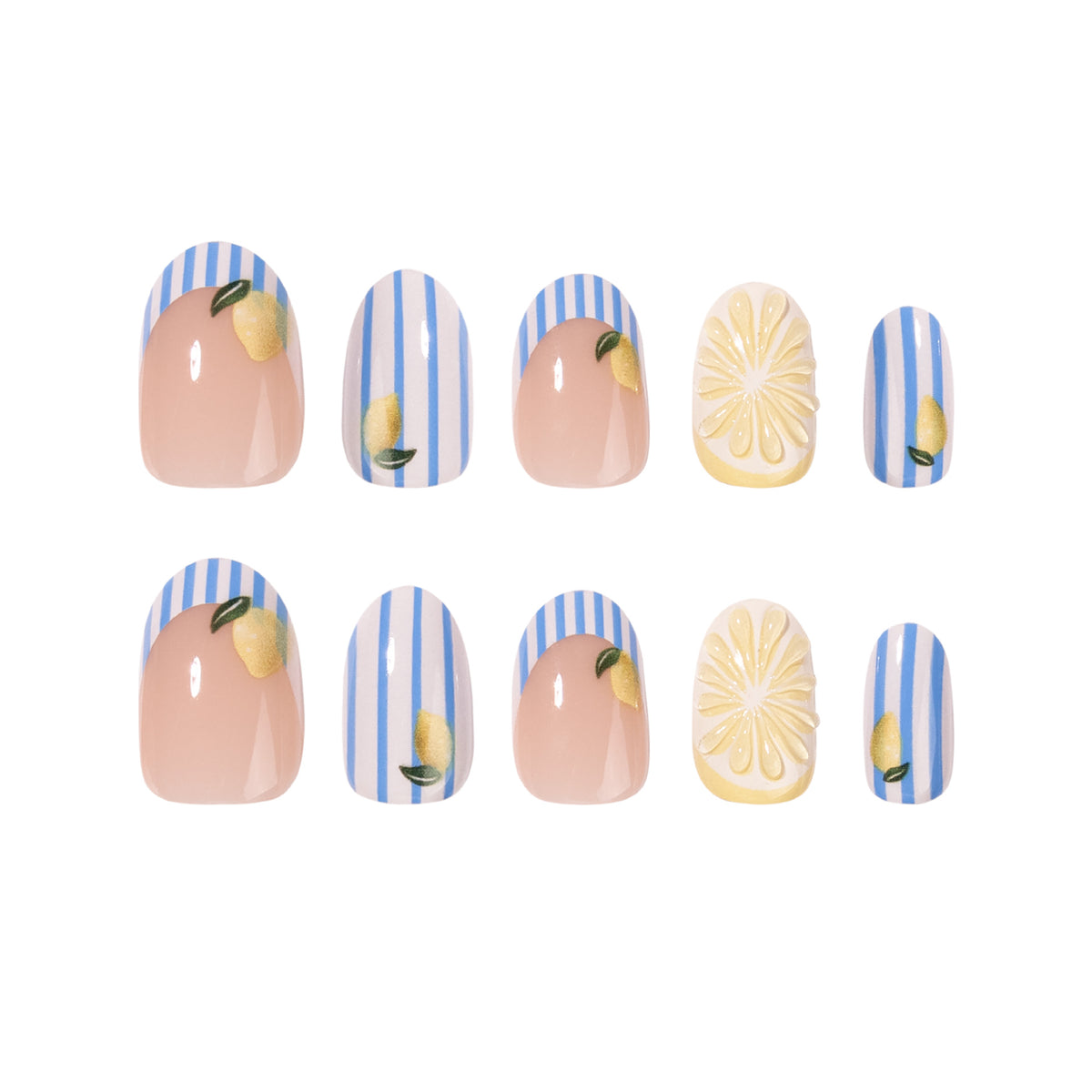 Lemonade Breeze Short Oval Yellow Striped Design Press On Nail Set
