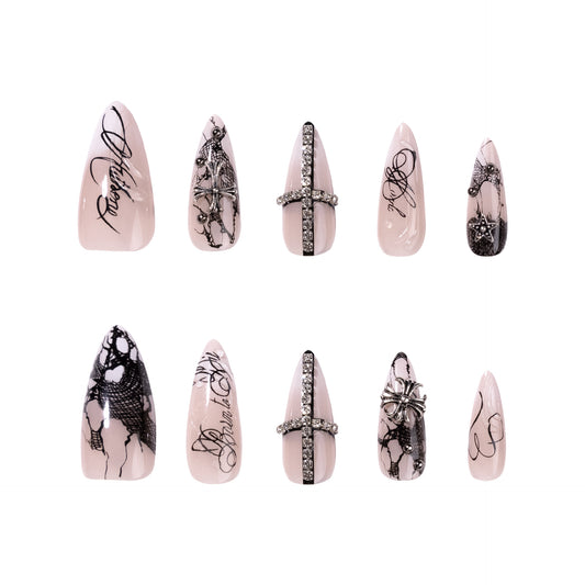Enchanting Elegance Long Stiletto Blush Pink with Intricate Black Lace Design and Gem Accents Press-On Nail Set