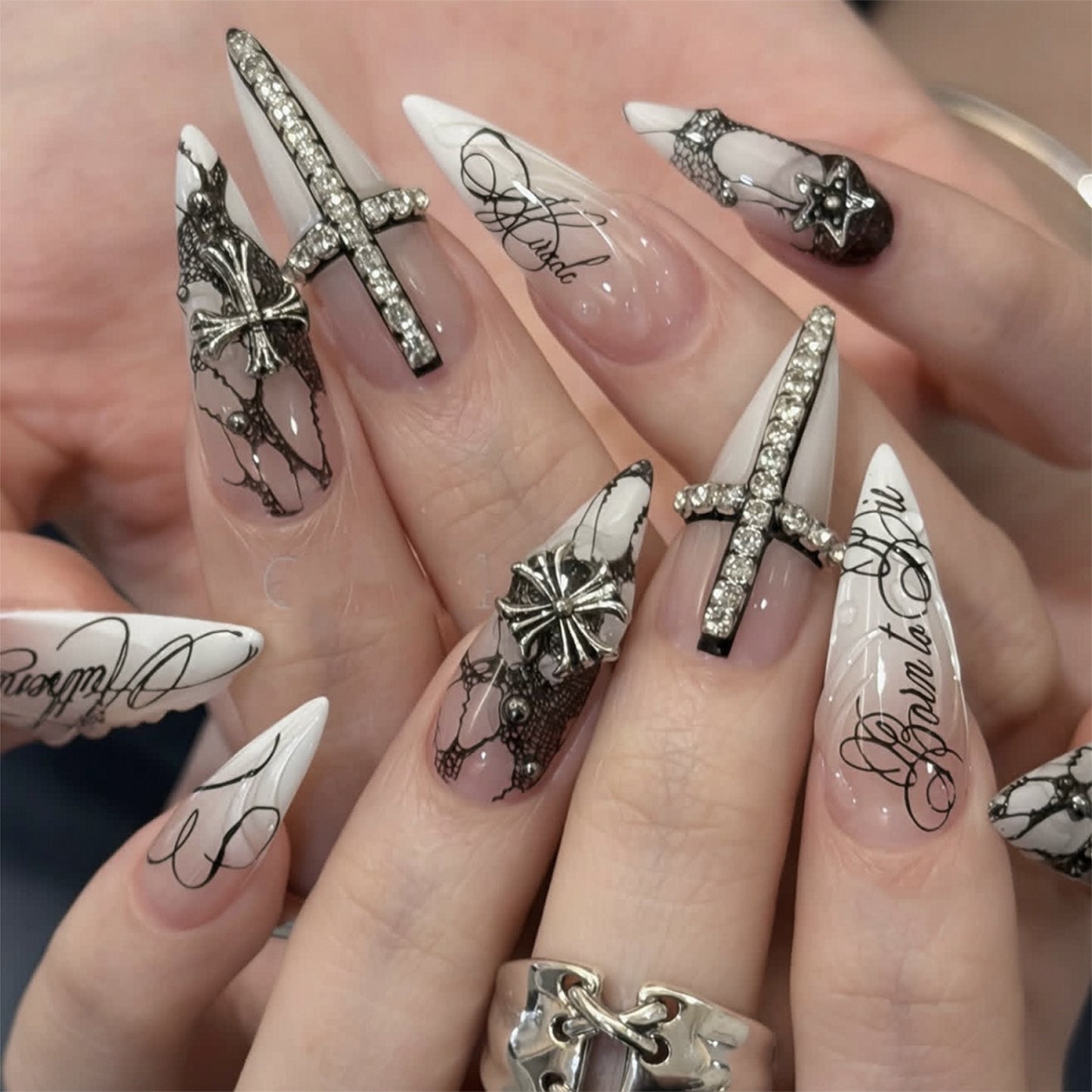 Gothic Elegance Long Almond White with Intricate Cross Design Press on Nail Set