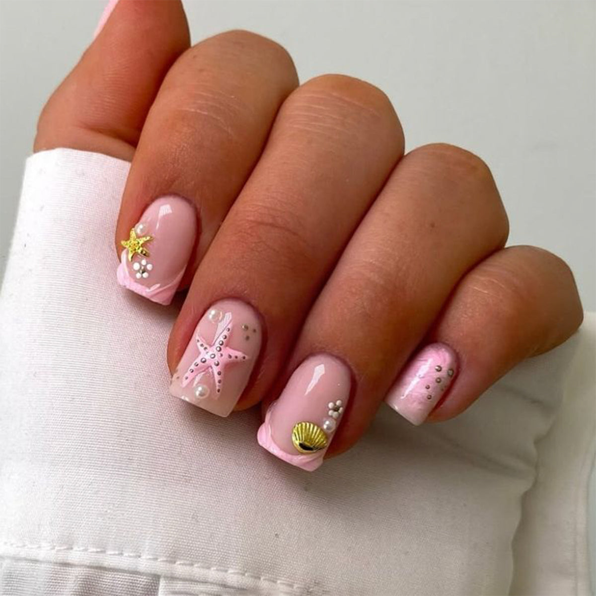 Ocean Breeze Short Square Pink with Starfish and Shell Accents Press-On Nail Set