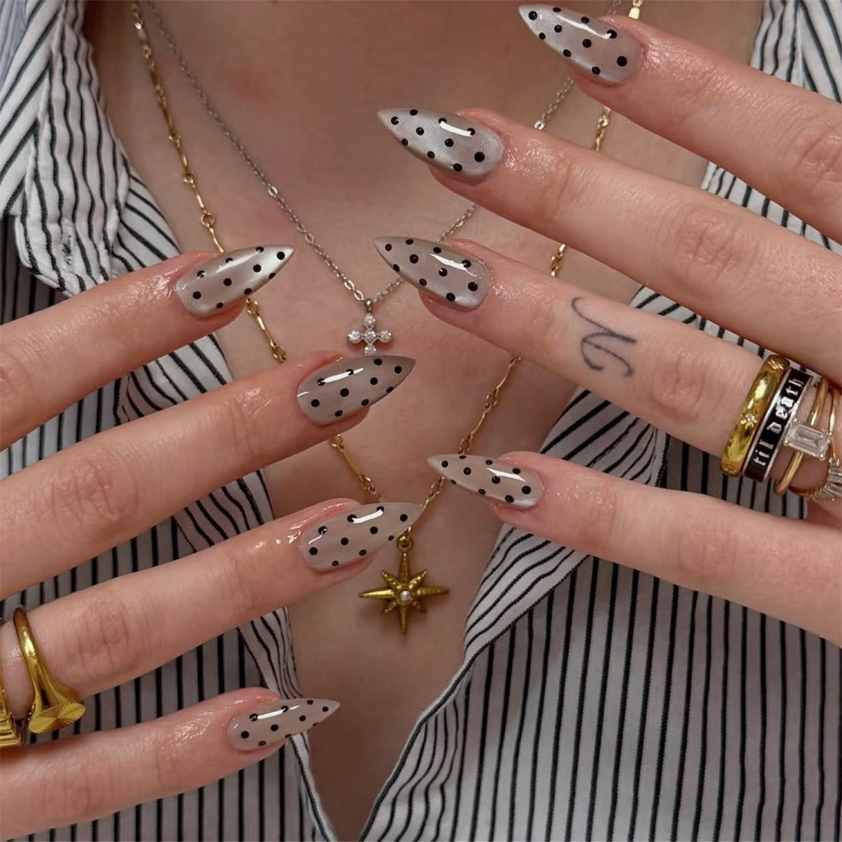 Elegant Starry Night Medium Almond Beige with Black Polka Dots Press On Nail Set