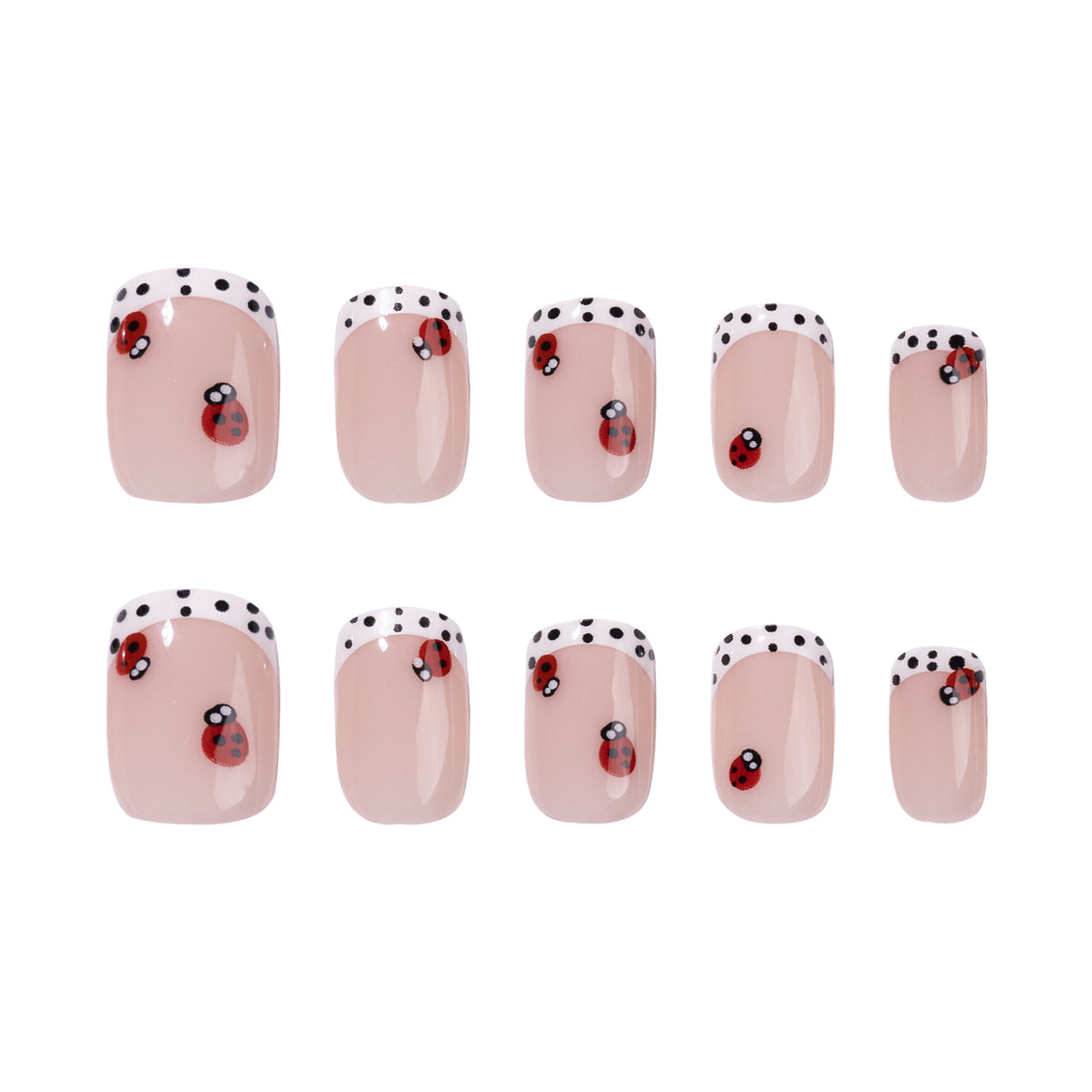 Charming Ladybug Design Short Square Beige Press-On Nail Set with Elegant Polka Dot Accents